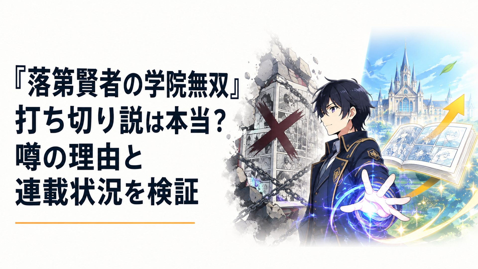 『落第賢者の学院無双』の打ち切り説と連載継続を対比したイメージ