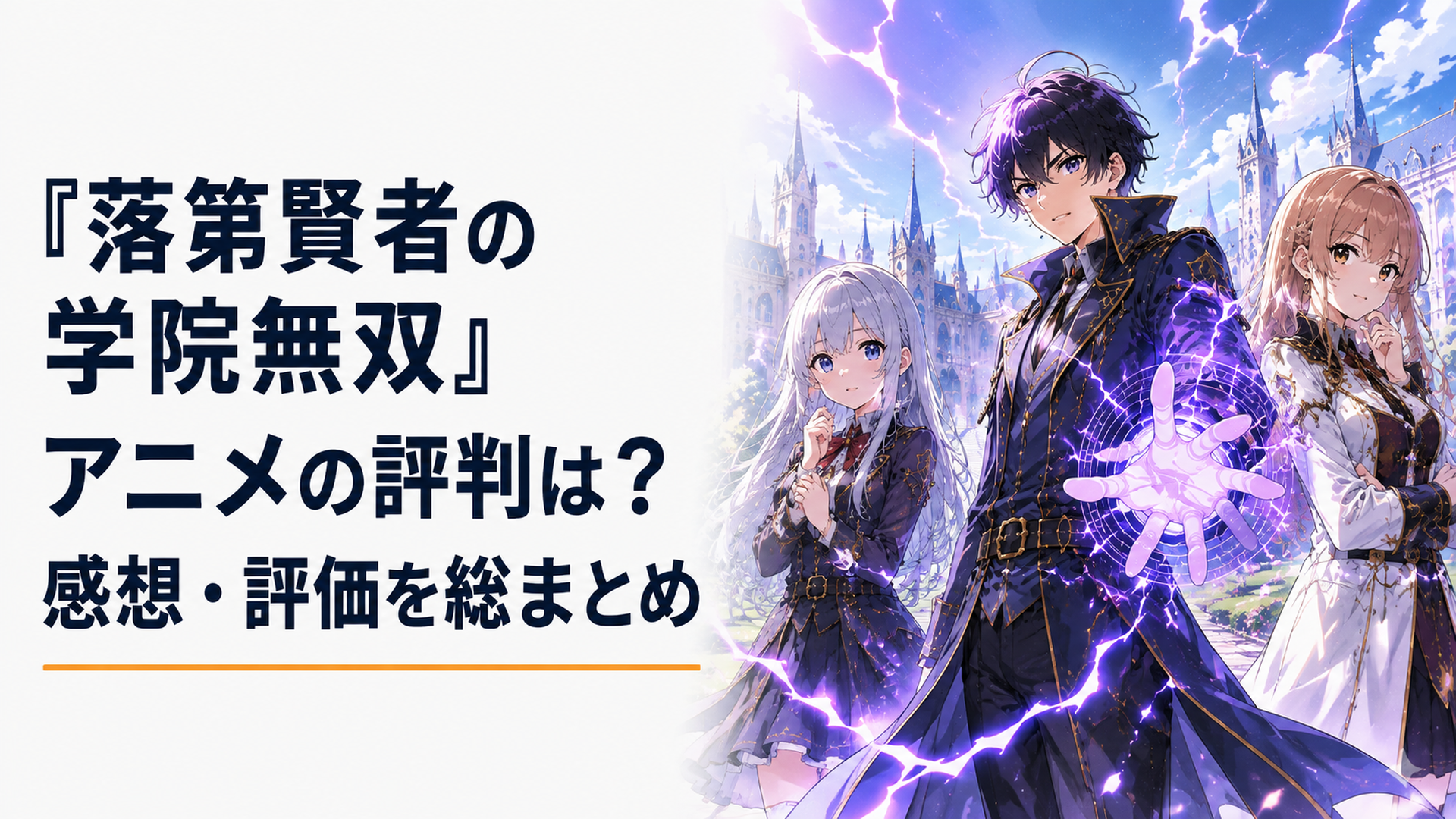 魔法学院を背に雷をまとった若き賢者エフタルとアナスタシア、マーリンが向き合う幻想的なアニメシーン