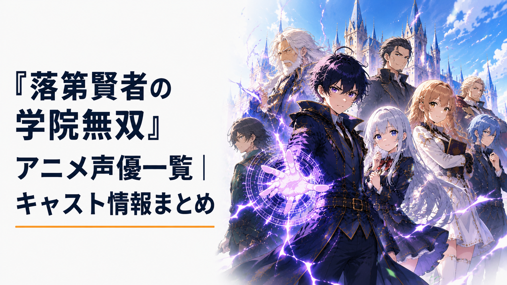 少年エフタル、アナスタシア、マーリンを中心に魔法学院の主要人物が並ぶ壮大なファンタジーアニメ集合ビジュアル