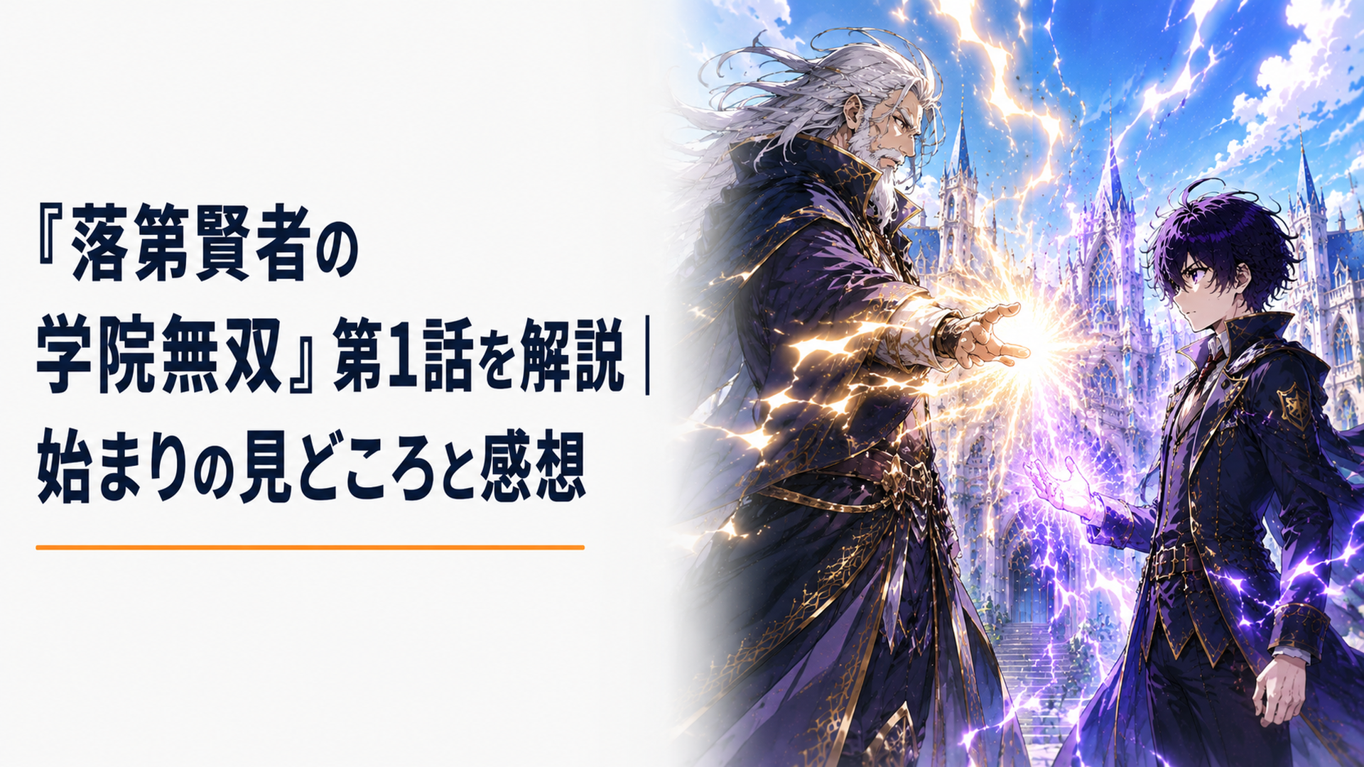 雷をまとった大賢者エフタルと400年後に転生した少年エフタルが時を越えて向かい合う魔法ファンタジーの場面