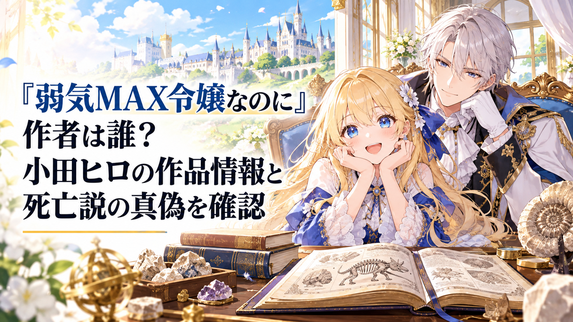 明るい異世界の貴族邸宅を背景に、金髪の伯爵令嬢ピアと銀髪の婚約者ルーファスが並び、手前の机には原作小説と化石標本が置かれている華やかなファンタジーアニメ風イラスト