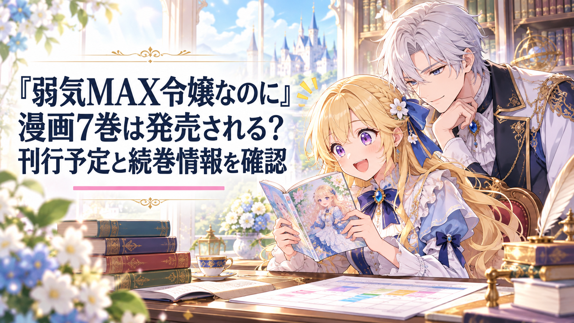 明るい異世界の書斎で金髪の伯爵令嬢ピアが漫画の最新刊と発売予定表を見比べ、銀髪のルーファスが隣で優しく見守る、華やかで期待感あふれる少女漫画風アニメイラスト
